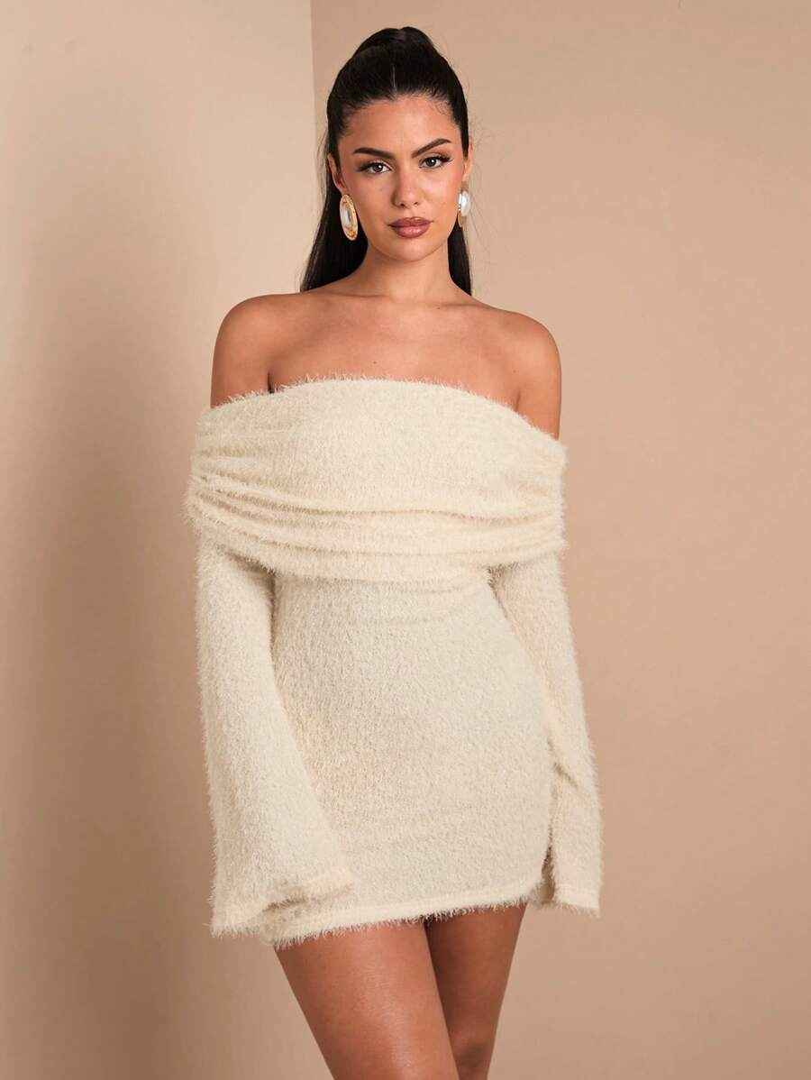 SHEIN BAE 优雅女士露肩长袖钩针针织连衣裙，适合日常约会、外出、夜店派对和聚会，秋季 - 杏色 - 查看 1