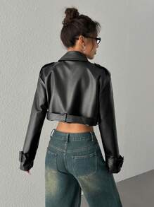 Muchica 女式休闲街头风格双排扣短款仿皮风衣 - 黑色 - 查看 2