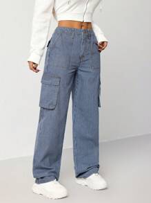 SHEIN EZwear Quần Jeans Cargo Ống Thẳng Ôm Lưng Thấp Cho Nữ, Màu Xanh - Màu xanh lam - Xem 6