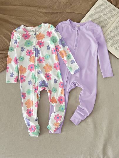 SHEIN LMoss Kids LMoss 2件套新生女宝宝可爱针织花卉图案弹力长袖连体衣套装，秋冬卡通