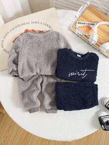 SHEIN 4pcs/Set Baby Boy Solid Color Fluffy Warm Long Sleeve Sweatshirt And Pants Set, Casual Home/Outdoor Outfits For Autumn/Winter