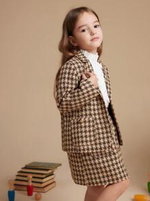 PrepCrw 年轻女孩学院风棕色千鸟格编织修身单排扣夹克，秋冬款