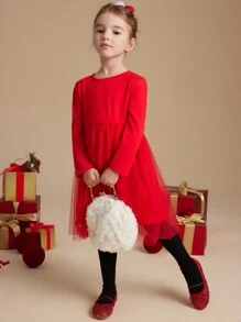 PrepCrw Young Girl Christmas Collegiate Style Red Woven Splice Mesh Round Neck A-Line Dress, Autumn/Winter