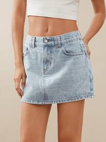 WESTFADE 优质牛仔基本款 91% 纯棉迷你裙 - 淺色水洗藍 - 查看 6