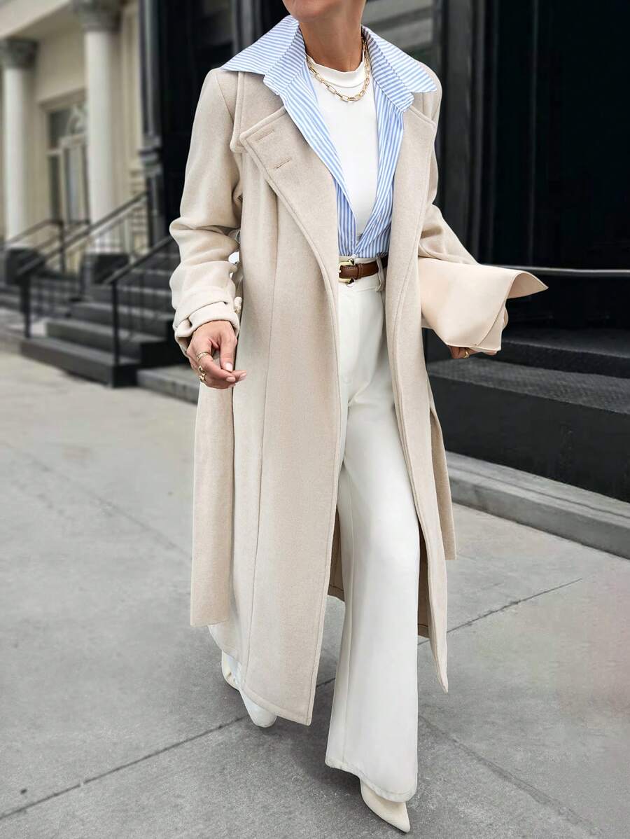 EURMUSE Women Oversize Pocket Long Sleeve Neck Button Maxi Long Elegant Overcoat Office Beige Fall