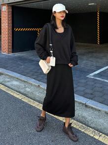 DAZY 2pcs Women Solid Color Hoodie Dress Set,Fall Clothes Lounge Sets For Women - Black - View 1
