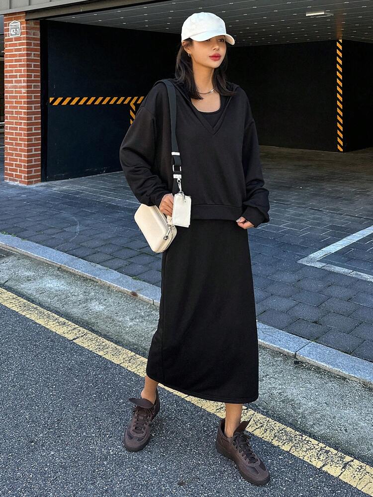 2pcs Women Solid Color Hoodie Dress Set,Fall Clothes Lounge Sets For Women