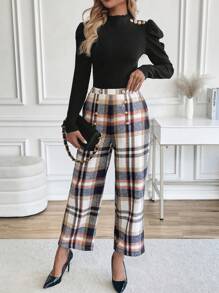 SHEIN Clasi 2 件套女士黑色格子长袖上衣和长裤，优雅日常穿着 - 彩色 - 查看 3