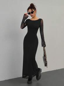 Muchica Solid Color Boat Neck Backless Mesh Contrast Elegant Long Sleeve Dress - Black - View 4