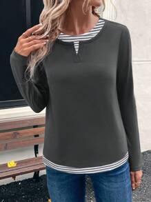 EMERY ROSE Casual Tops Long Sleeve Tops Women Striped Print Round Neck 2 In 1 Casual Daily Long Sleeve T-Shirt