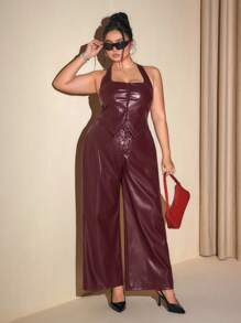 SHEIN ICON Pantaloni diritti in poliuretano da donna con laccetti frontali, colore rosso vino, per l'inverno, taglie comode - Bordò - Visualizzare 5