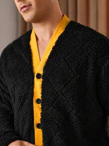 Men's Contrast Trim Button Front Shirt And Pants Lounge Pajama Set - Multicolor - View 5