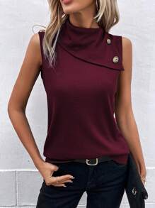 SHEIN Clasi Camiseta de tirantes sólida y versátil para mujer con cuello alto y decoración de botones
