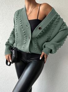 SHEIN 1 件女式休闲纯色宽松前扣开衫，秋冬 - 薄荷綠 - 查看 5