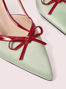 CUCCOO DOLLMOD Red & Green Color Block Pointed Toe Stilettos, Elegant Sweet Princess Lady Classic Vintage Color Contrast Red Bow Patchwork Green Satin Women's Mule Party Dress Shoes, St. Patrick's Day Valentines