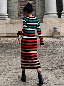 SHEIN Clasi Women Elegant Colorblock Striped Knitted Long Dress Maxi Sweater Dress Fall Cloth For Women