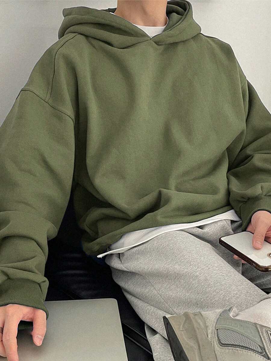 DAZY 男士休闲落肩纯色连帽衫，适合日常穿着，秋季 - 軍綠色 - 查看 1