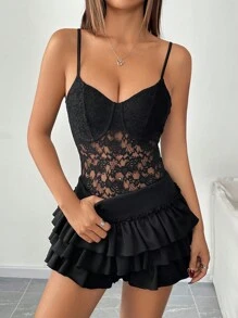 INAWLY Women Simple Style Lace Patchwork Spaghetti Strap Casual Bodysuit Club Black Flower Summer - Black - View 4