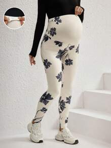 SHEIN Floral Print Adjustable Waistband Maternity Leggings, Skinny Pants - Apricot - View 1