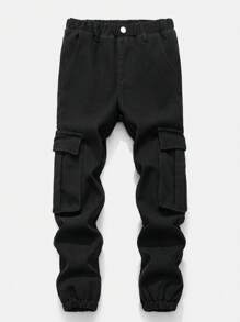 SHEIN 青少年男童时尚休闲黑色牛仔裤，内衬保暖，工装口袋设计，宽松裤腿，适合感恩节、日常穿着以及秋冬季节穿着。 - 黑色 - 查看 5