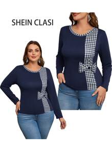 SHEIN Clasi 黑白对比千鸟格复古优雅长袖弹性针织曲线修身 T 恤，大码女款