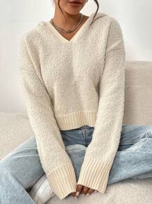 Flirla Women Casual V-Neck Loose Soft Fuzzy Fabric Sweater, Simple & Versatile, Apricot Color Knit Pullover Fall Winter - Mocha Brown - View 4