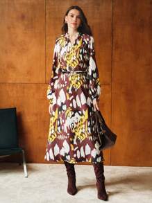 MOTF PREMIUM ALLOVER PRINT FRILL NOTCH NECK FLARE SLEEVE BELTED DRESS - Multicolor - View 6
