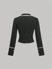 SHEIN MOD 粉色撞色边饰甜美复古学院风女式西装外套，秋冬 - 黑色 - 查看 2