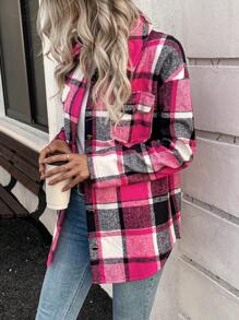 SHEIN LUNE Women's Drop Shoulder Plaid Utility Pockets Casual Fleece Jacket For Autumn/Winter - Hot Pink - View 3