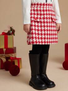 PrepCrw Young Girls Houndstooth Print Elastic Waist A-Line Skirt, Fall/Winter - Red - View 4