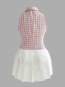 Flirla Plus Size Women Thick Tweed Lapel Vest - Pink - View 2
