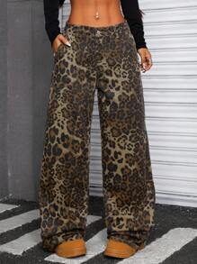SHEIN ICON Women's Leopard Print Loose Distressed Wash Denim Jeans - Multicolor - View 1