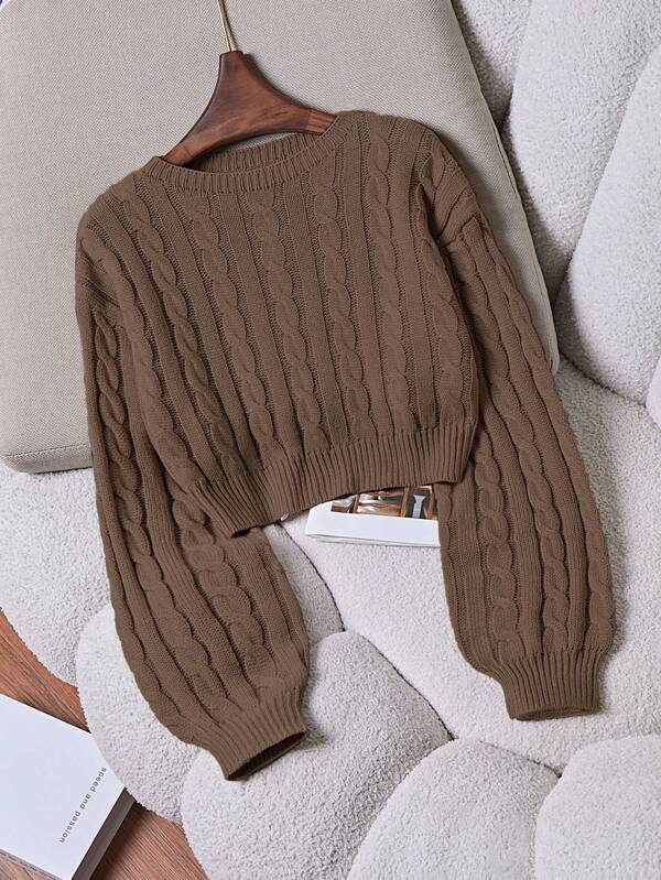 Franclia Solid Color Crew Neck Sweater With Cable Pattern, Casual & Versatile, Long Sleeve Knit Pullover Fall Winter Outfit