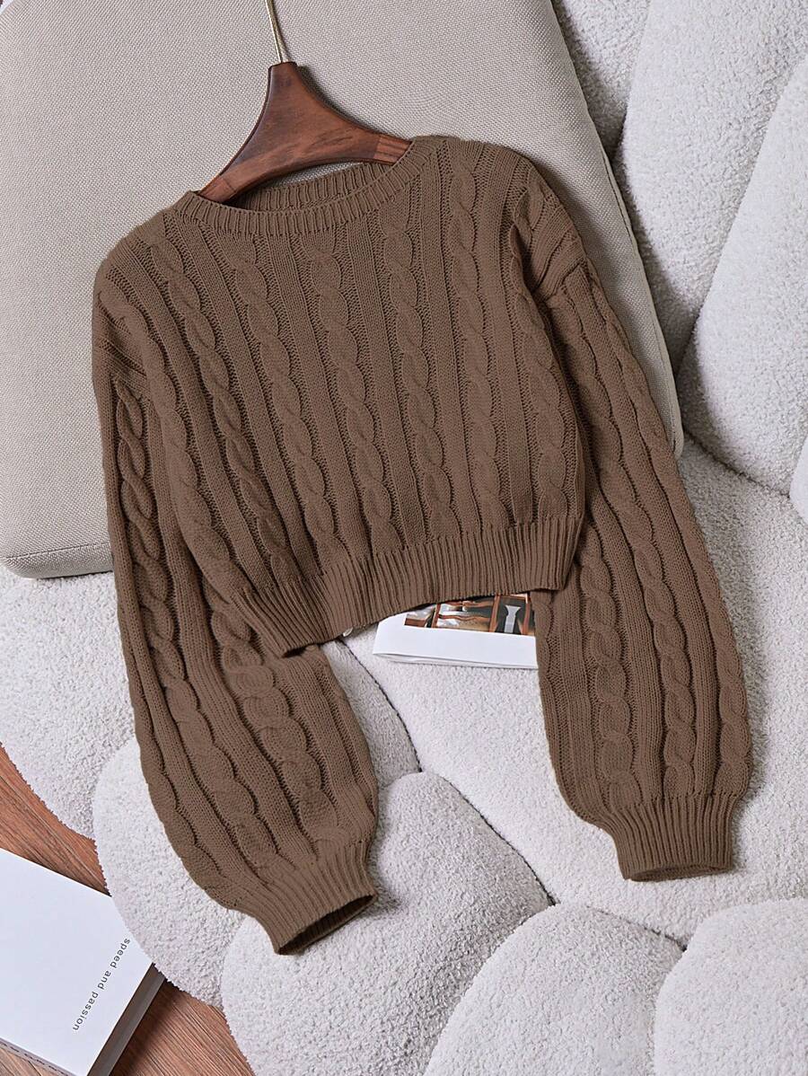 Franclia Solid Color Crew Neck Sweater With Cable Pattern, Casual & Versatile, Long Sleeve Knit Pullover Fall Winter