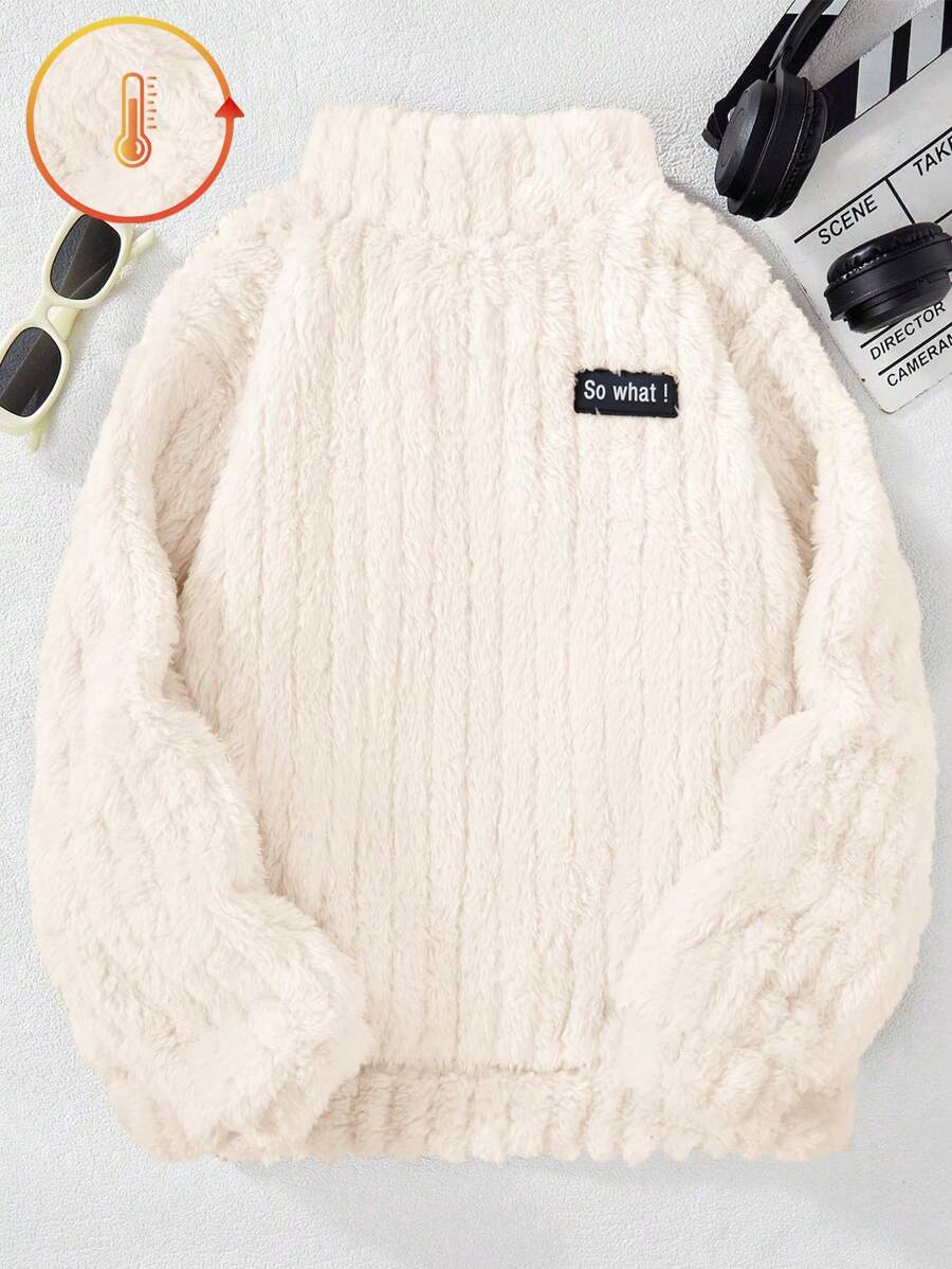 青少年女孩蓬松保暖运动衫，休闲优雅别致高领羊毛运动衫，舒适宽松版型，校园街头风格，温馨冬季，家庭姐妹搭配 - 杏色 - 查看 1