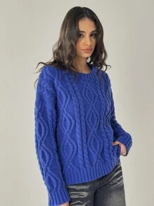 Forever 21 Áo len trễ vai màu trơn dáng rộng thoải mái cho nữ, mùa thu/đông - Màu xanh lam - Xem 8