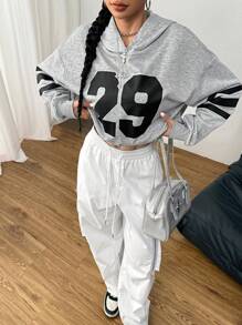 SHEIN EZwear 女士秋季休闲简约数字印花超大连帽运动衫 - 灰色 - 查看 5