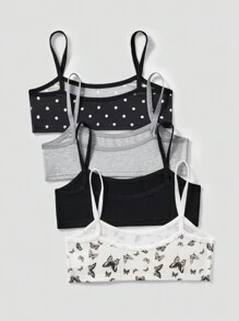 SHEIN 4 件套 Tween 女童简约舒适复古蝴蝶和波尔卡圆点图案柔软亲肤儿童/学生内衣套装