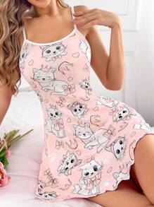 Dream Adore Đầm ngủ dây mảnh/Đồ ngủ họa tiết mèo và nơ đáng yêu cho nữ - Màu Hồng baby - Xem 1