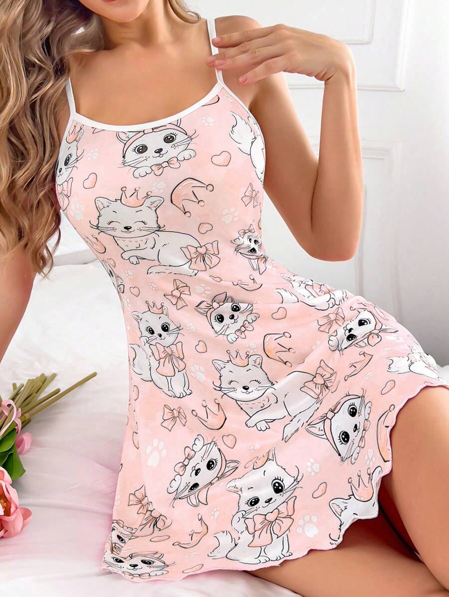 Dream Adore Đầm ngủ dây mảnh/Đồ ngủ họa tiết mèo và nơ đáng yêu cho nữ - Màu Hồng baby - Xem 1