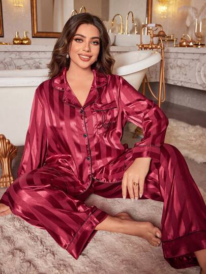 LuxeNights Pyjamasset i plusstorlek, faux sidenkrage med knappar och broderade långärmade toppar och långbyxor, avslappnade eleganta loungekläder, höst/vinter