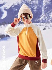 SHEIN Tween Boys Contrast Color Raglan Sleeve Zipper Placket Casual T-Shirt, Autumn/Winter - Yellow - View 4