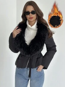 SHEIN Privé New Autumn/Winter Warm & Elegant Casual Modern Fashion Fur Collar Belt Black Padded Coat
