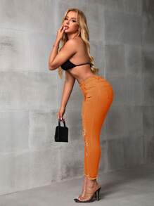 SHEIN SXY Solid Color Ripped Skinny Cargo Jeans, Casual & Versatile - Orange - View 5