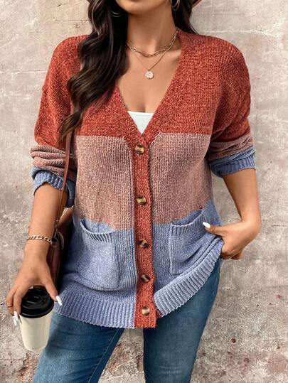 SHEIN LUNE 加大码 Coloblock 宽松灰色商务休闲开衫，度假风，乡村风