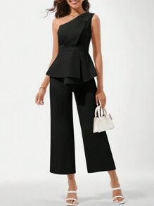 SHEIN Clasi 1 Set Top sin mangas acampanado y pantalones palazzo con volantes asimétricos para mujer - Negro - Ver 8