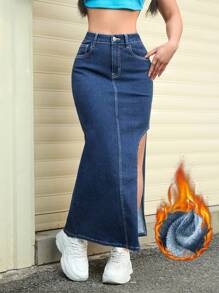 SHEIN EZwear Women Summer Casual Distressed Denim Asymmetric Split Skirt