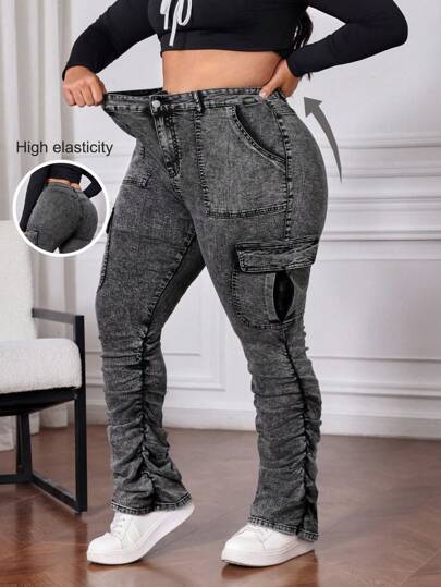 SHEIN CURVE+ 大码女式灰色工装牛仔哈伦裤