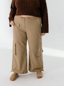 Aralina Plus Size Curve Relaxed Fit Cargo Style Wide Leg Everyday Styling Cargo Pants - Green - View 7