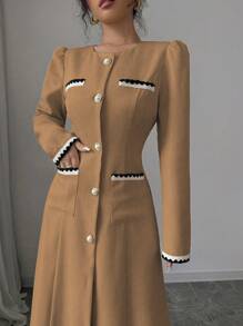 Elenzga 时尚仿珍珠饰边腰部收袖高端通勤夹克 - 棕色 - 查看 8